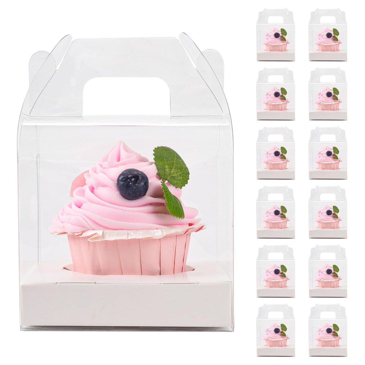 LOKQING 30 PCS Individual Cupcake Containers Single Cupcake Boxes with Handle and Inserts Clear Plastic Favor Boxes